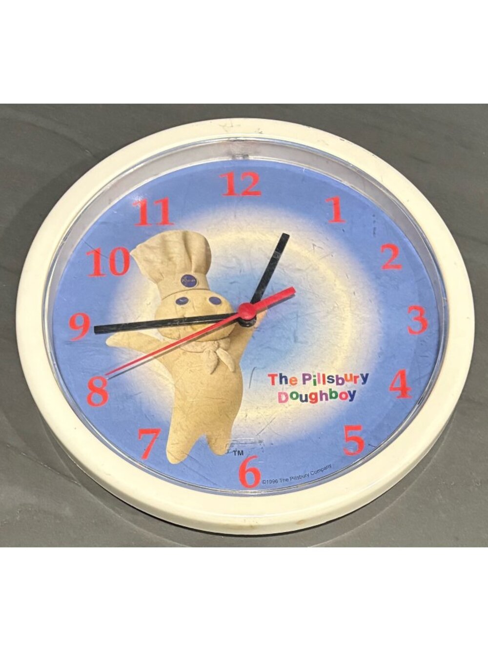 Vintage 1996 Pillsbury Doughboy 10" Clock White Plastic Frame